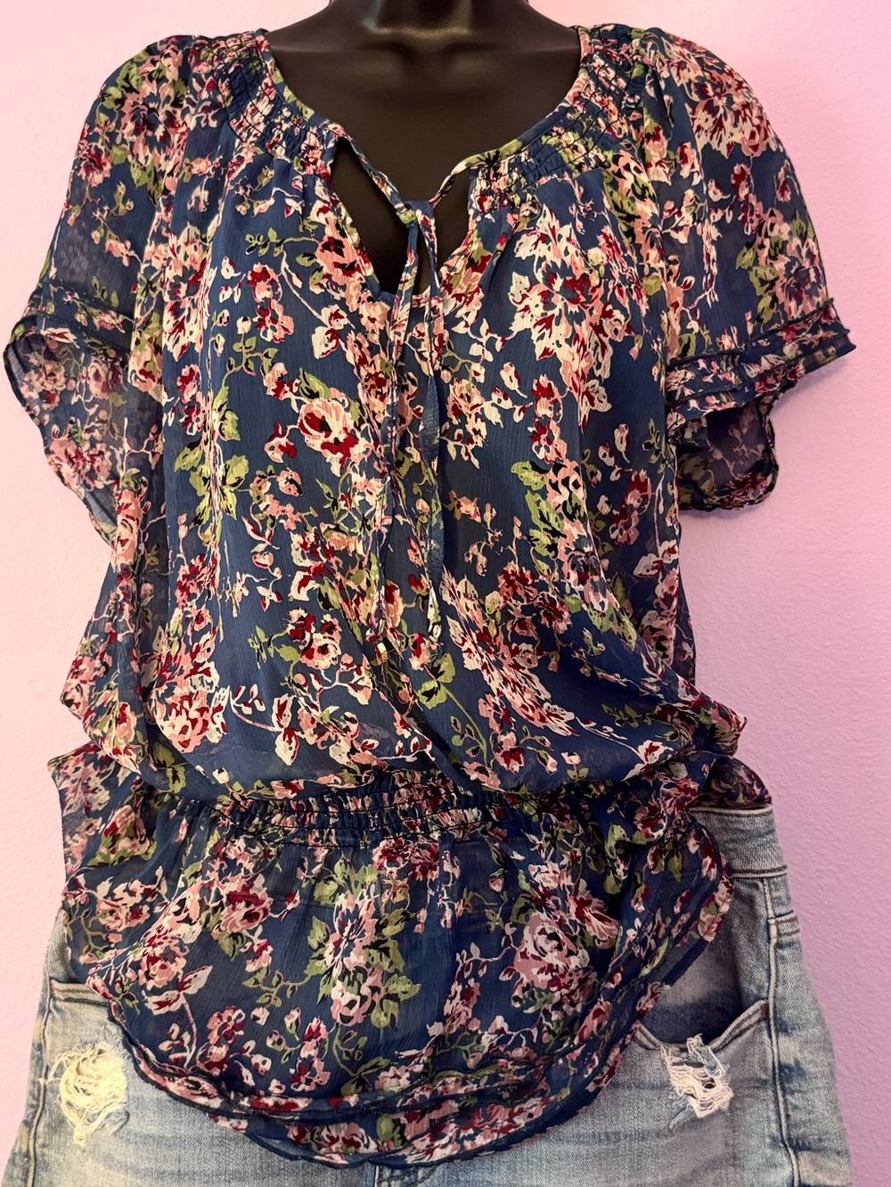 Floral Navy Peasant Blouse with Tie Neck